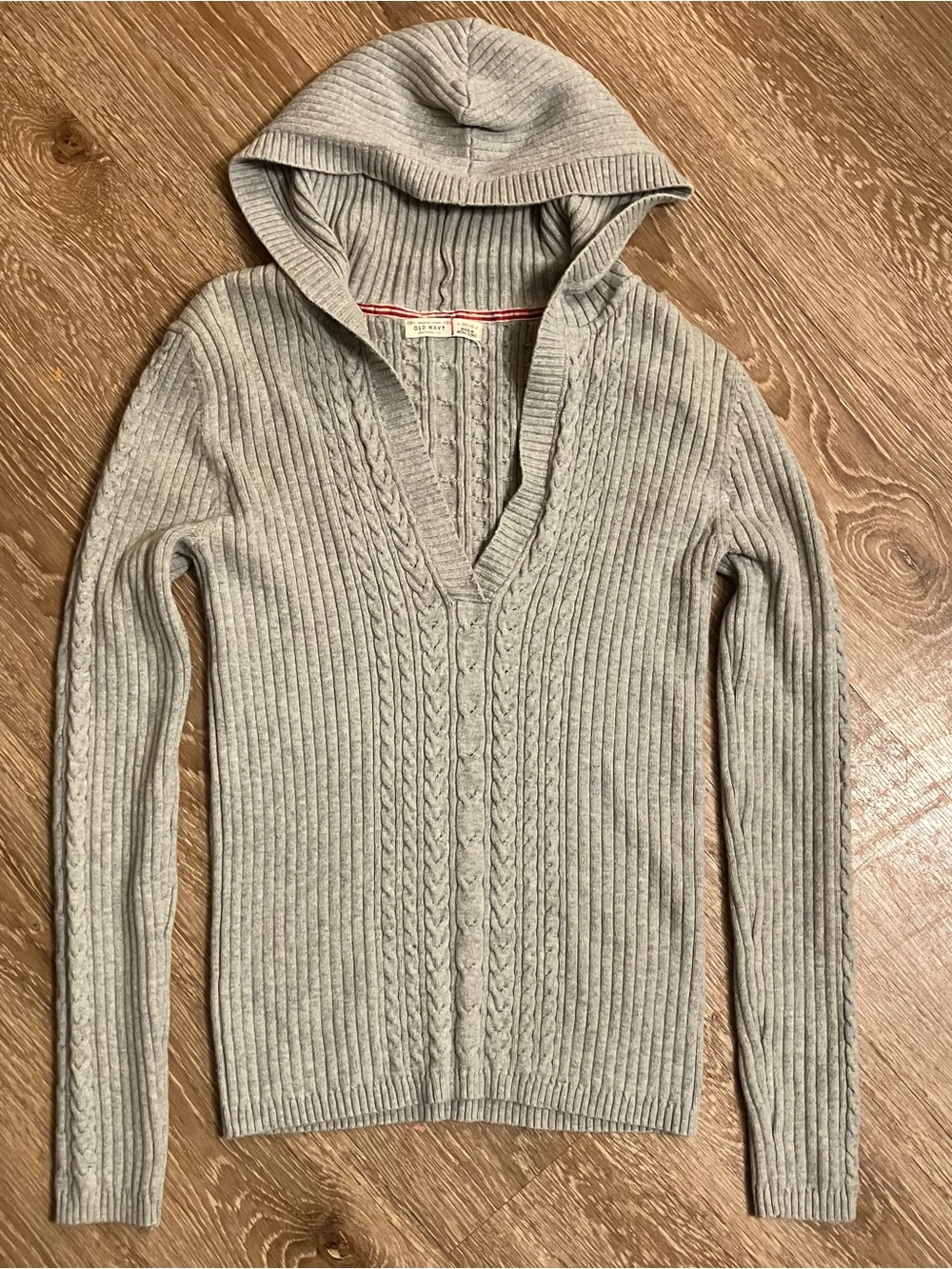 Vintage Old Navy Sweater Womens L Gray Hooded V Neck Cable Knit Hong Kong